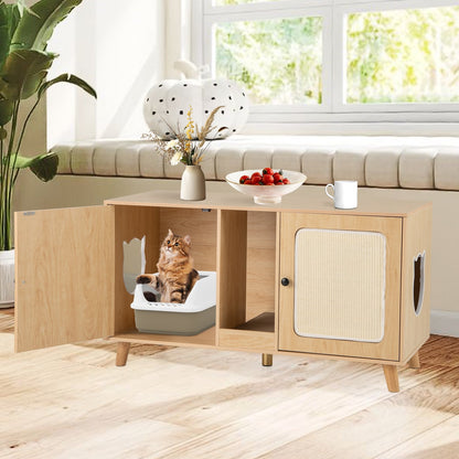 43 Inches Cat Litter Box Enclosure with Double Rooms and 2 Sisal Scratching Mats-Natural