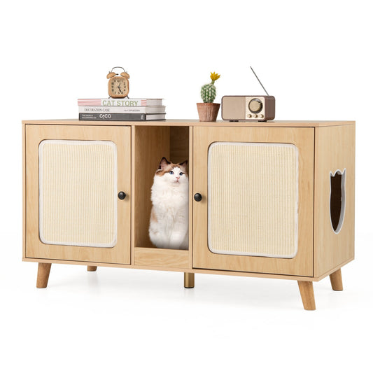 43 Inches Cat Litter Box Enclosure with Double Rooms and 2 Sisal Scratching Mats-Natural