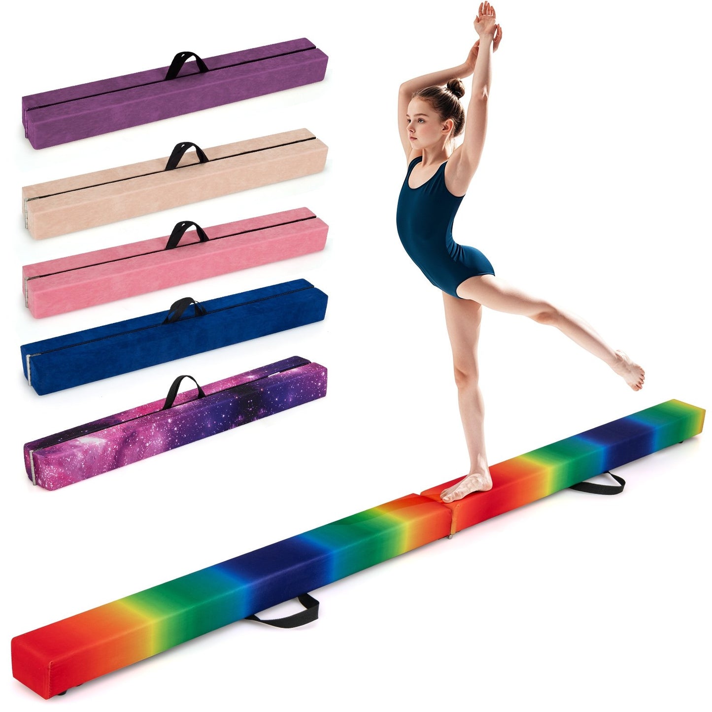 7 Feet Folding Portable Floor Balance Beam with Handles for Gymnasts-Blue