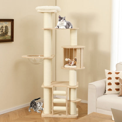 71 Inch Tall Cat Tree Wooden Cat Tower with Cozy Perch Condo Space Capsule-Natural