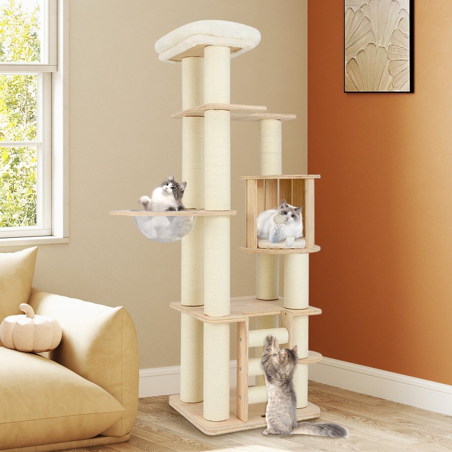 71 Inch Tall Cat Tree Wooden Cat Tower with Cozy Perch Condo Space Capsule-Natural
