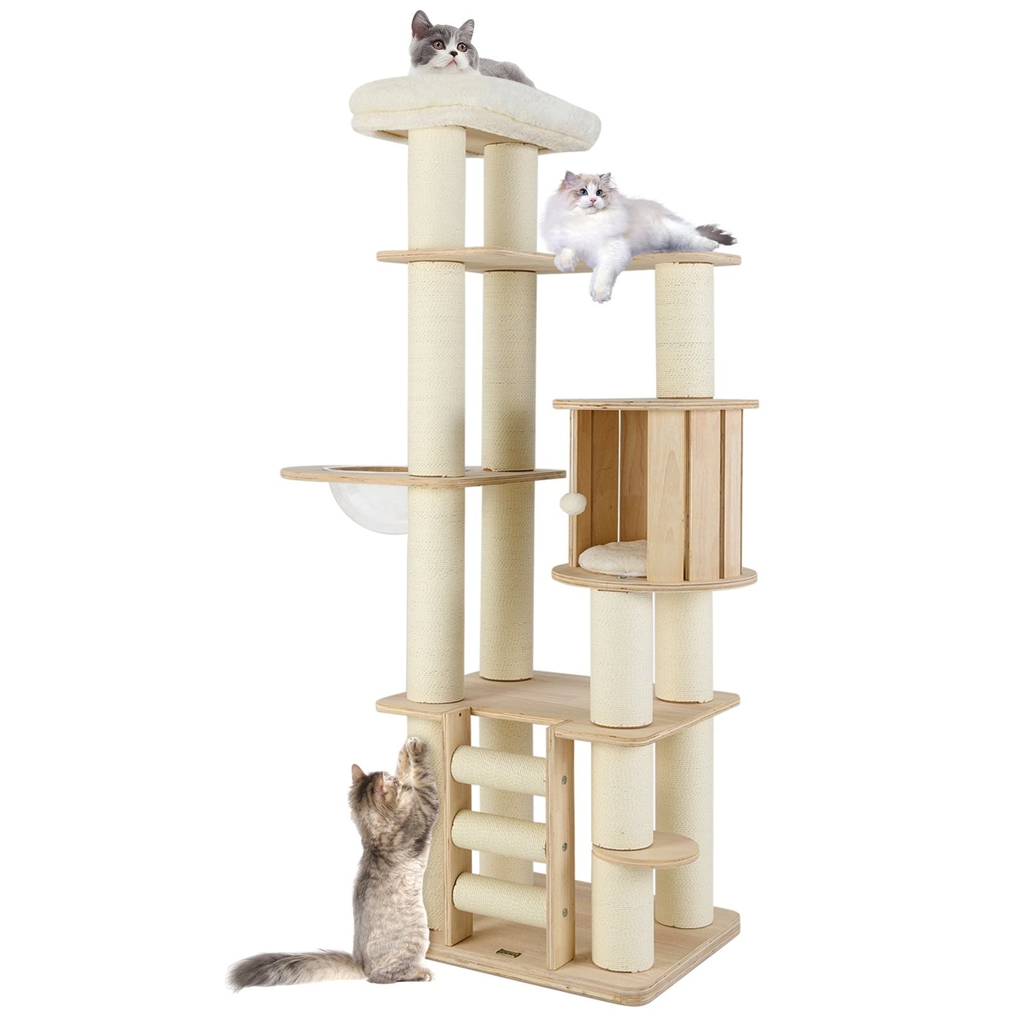 71 Inch Tall Cat Tree Wooden Cat Tower with Cozy Perch Condo Space Capsule-Natural