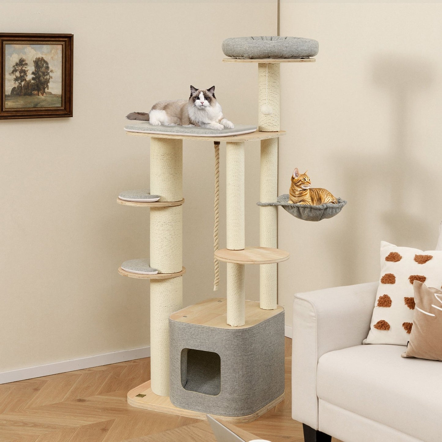 63 Inch Tall Cat Tree Modern Wooden Cat Tower with Perch Condo Hammock-Gray
