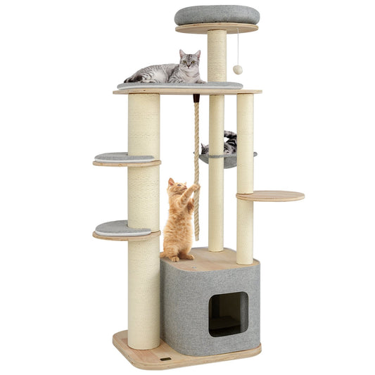 63 Inch Tall Cat Tree Modern Wooden Cat Tower with Perch Condo Hammock-Gray