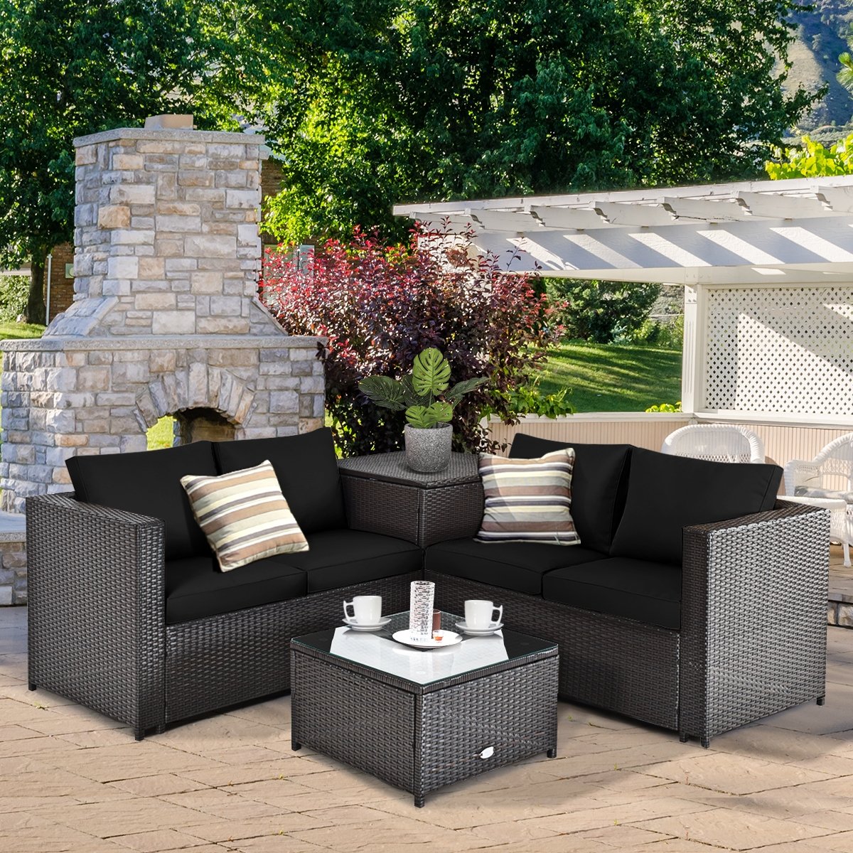 4 Pieces Outdoor Patio Rattan Furniture Set with Loveseat and Storage Box-Black