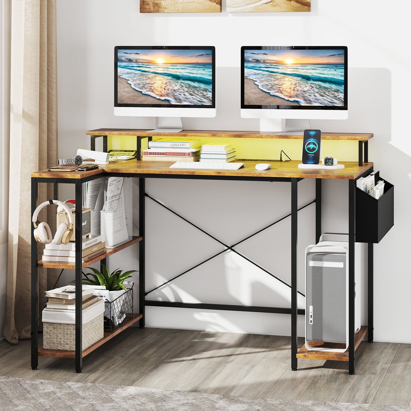 L-Shaped Gaming Desk with LED Lights and Power Outlets-Black