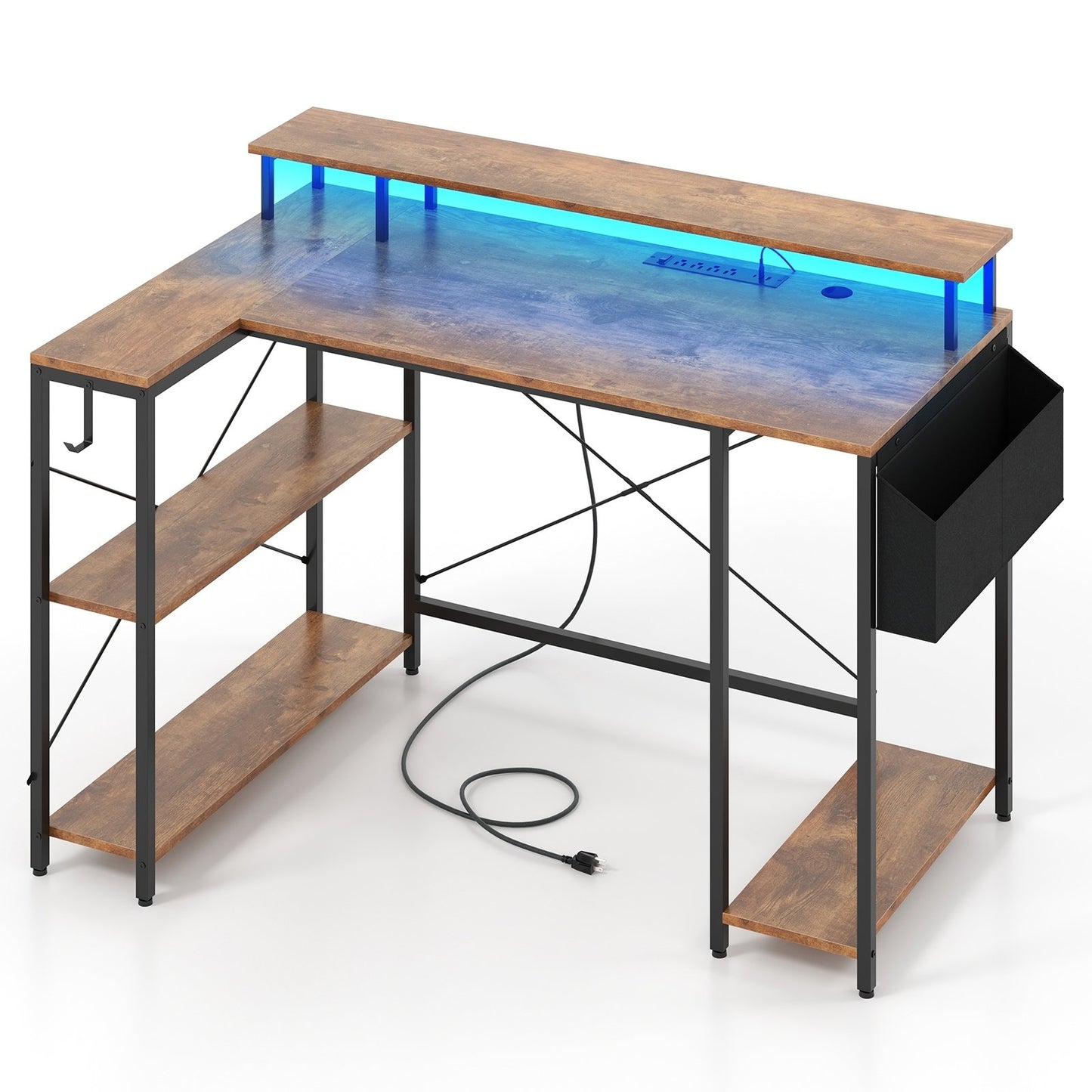 L-Shaped Gaming Desk with LED Lights and Power Outlets-Black