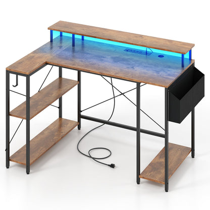 L-Shaped Gaming Desk with LED Lights and Power Outlets-Black