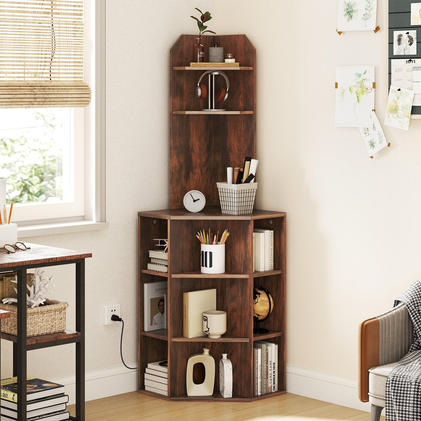 6-Tier Corner Shelf with Charging Station and 2 USB Ports-Brown