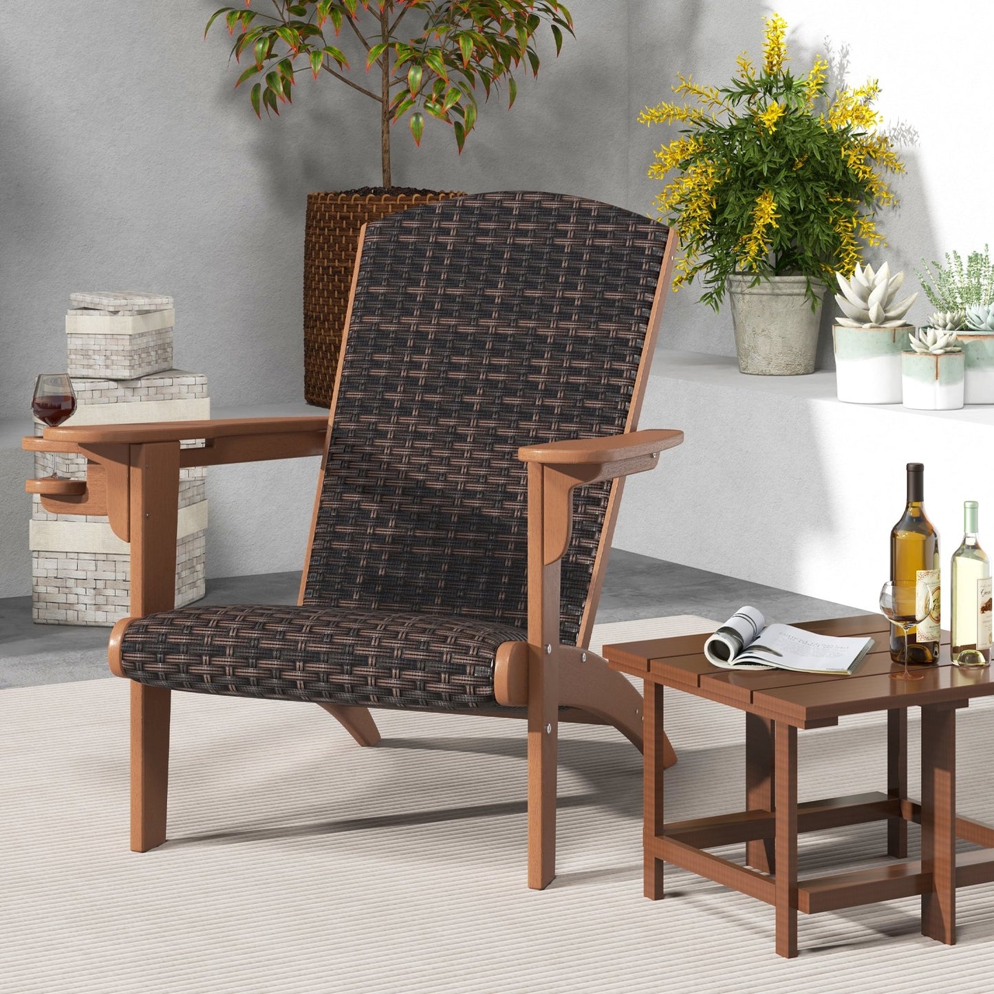 Patio Adirondack Chair with Rattan Padded Seat and Hidden Cupholder-Black