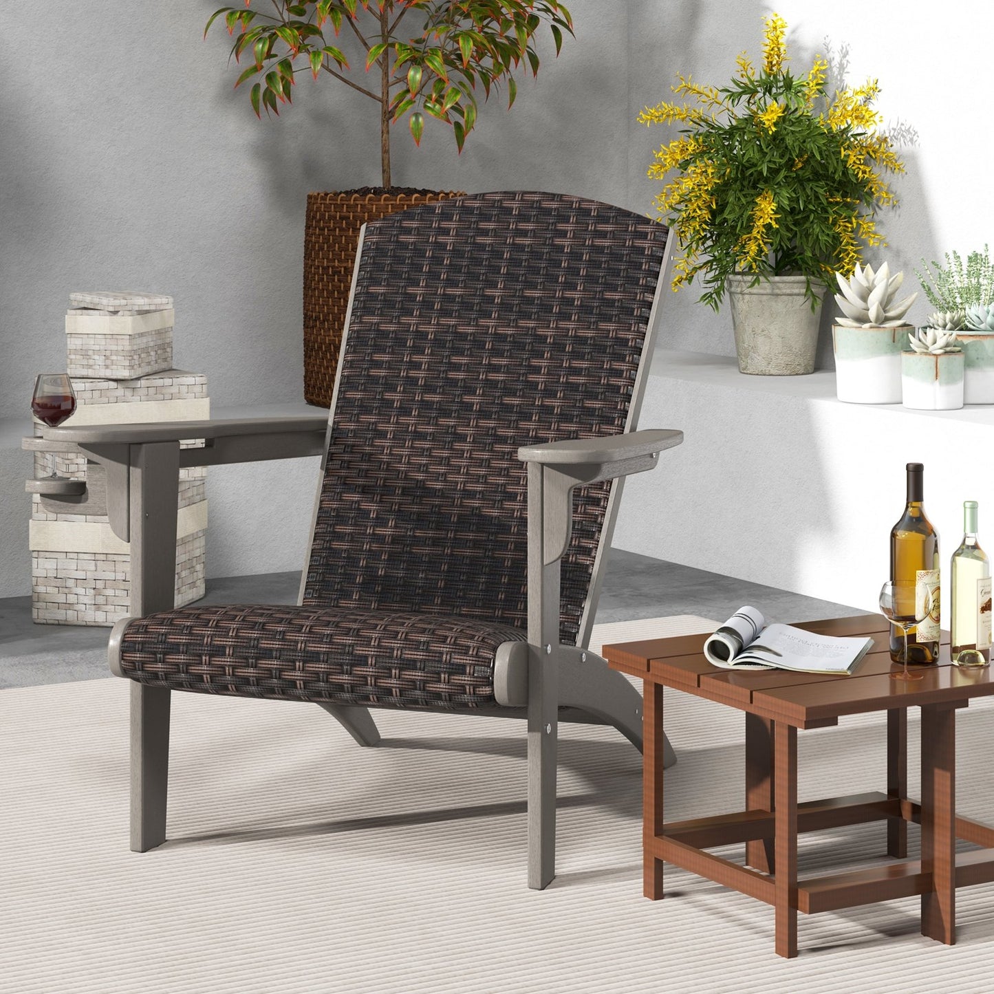 Patio Adirondack Chair with Rattan Padded Seat and Hidden Cupholder-Black