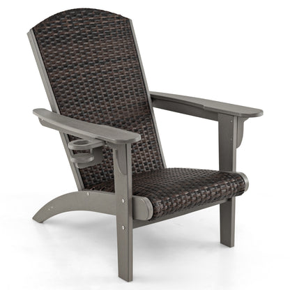 Patio Adirondack Chair with Rattan Padded Seat and Hidden Cupholder-Black
