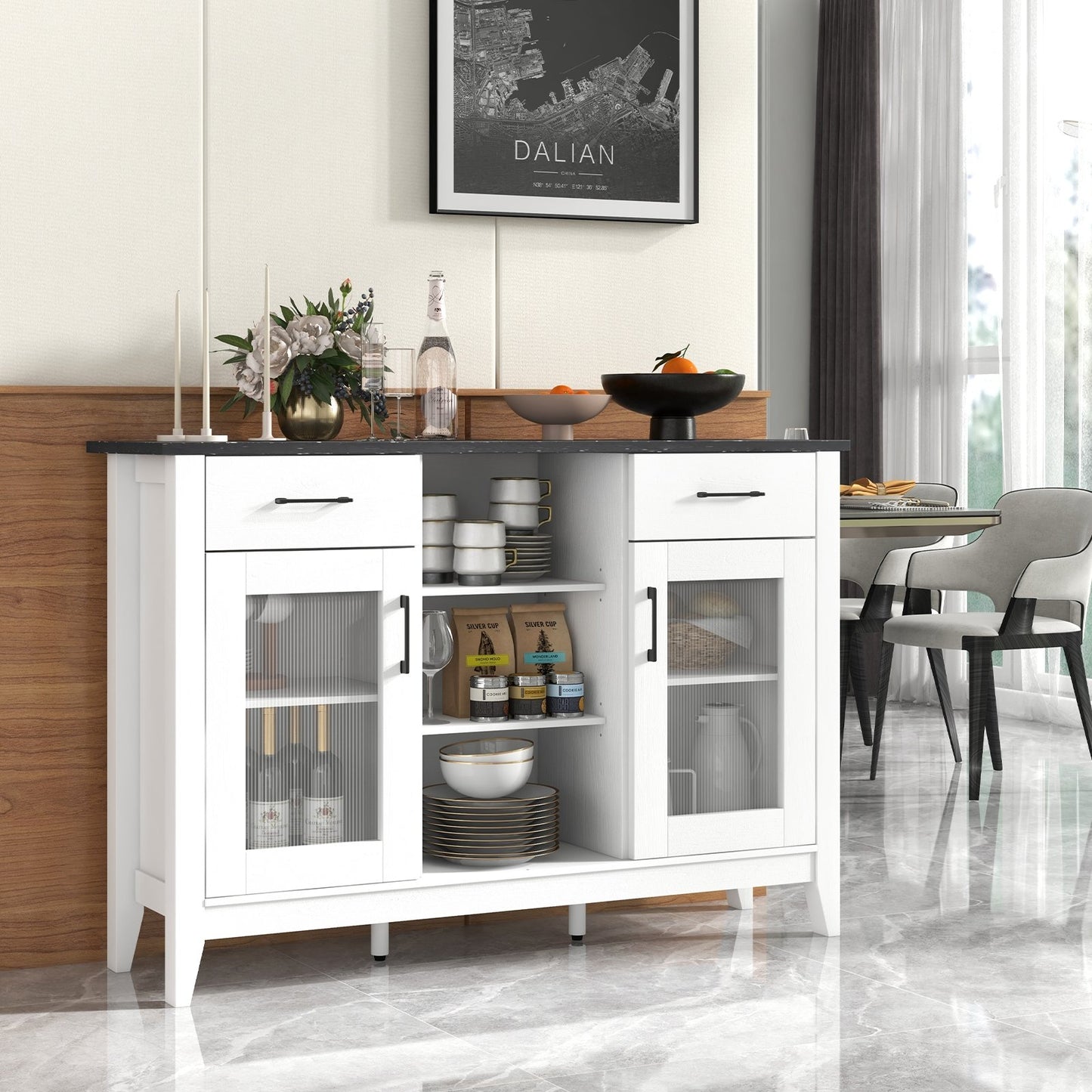 Sideboard Buffet Cabinet with 2 Drawers and 4 Adjustable Shelves-Black