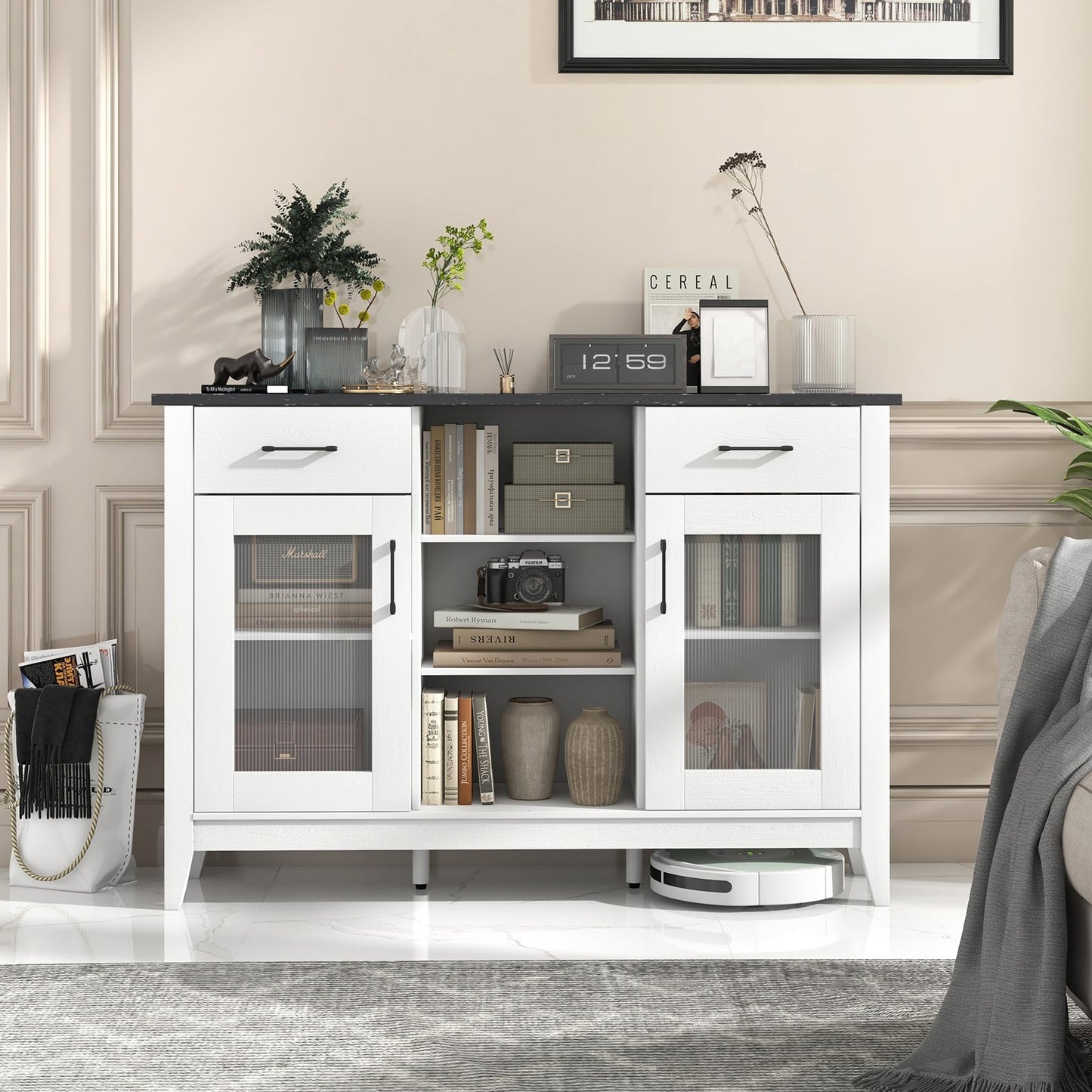 Sideboard Buffet Cabinet with 2 Drawers and 4 Adjustable Shelves-Black