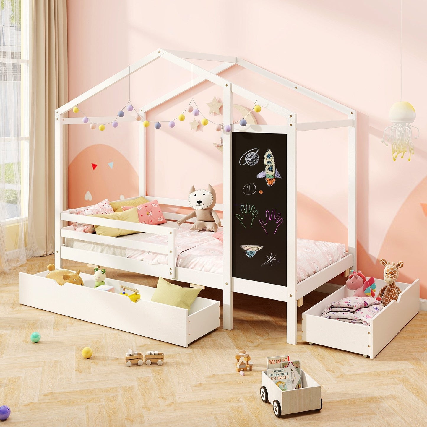 Kids Twin Size Bed with 2 Drawers Solid Wood Bed with Blackboard-Gray