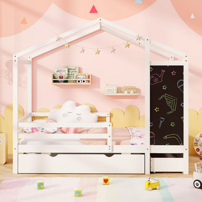 Kids Twin Size Bed with 2 Drawers Solid Wood Bed with Blackboard-Gray