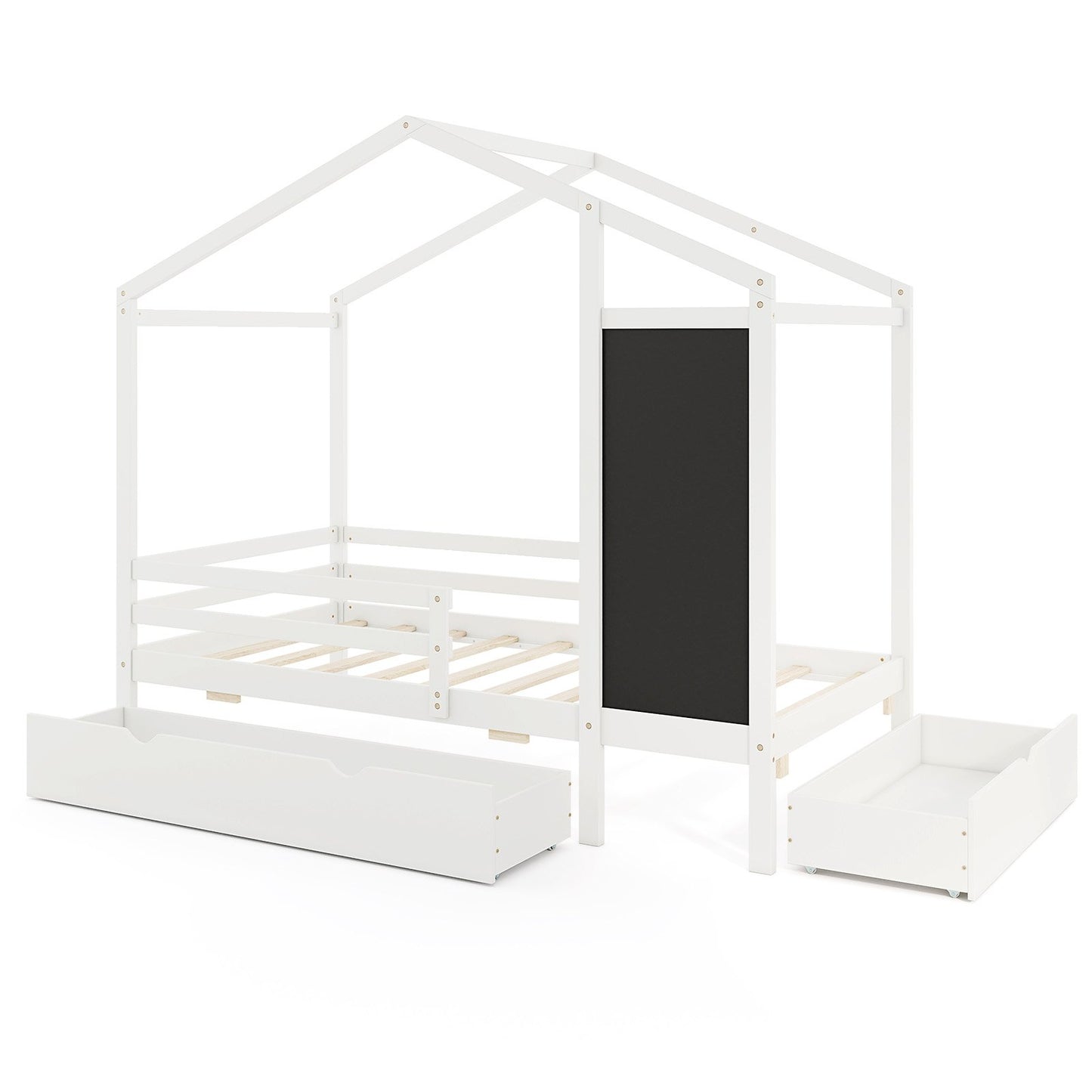 Kids Twin Size Bed with 2 Drawers Solid Wood Bed with Blackboard-Gray