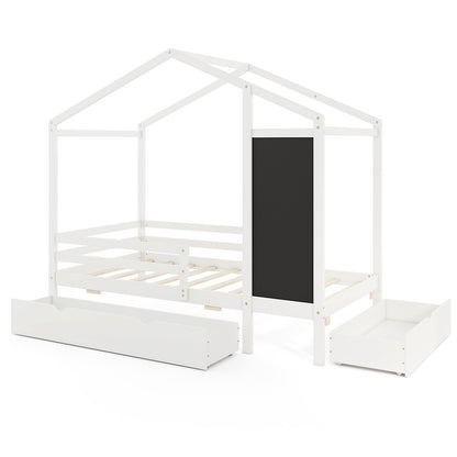 Kids Twin Size Bed with 2 Drawers Solid Wood Bed with Blackboard-Gray