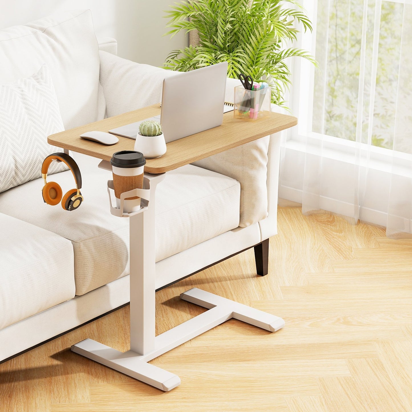 Mobile Standing Desk Height Adjustable Overbed Bedside Table with Cup Holder-Black