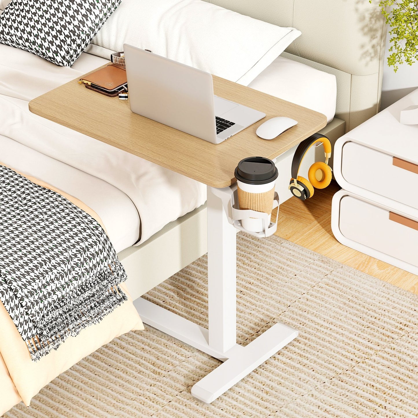 Mobile Standing Desk Height Adjustable Overbed Bedside Table with Cup Holder-Black