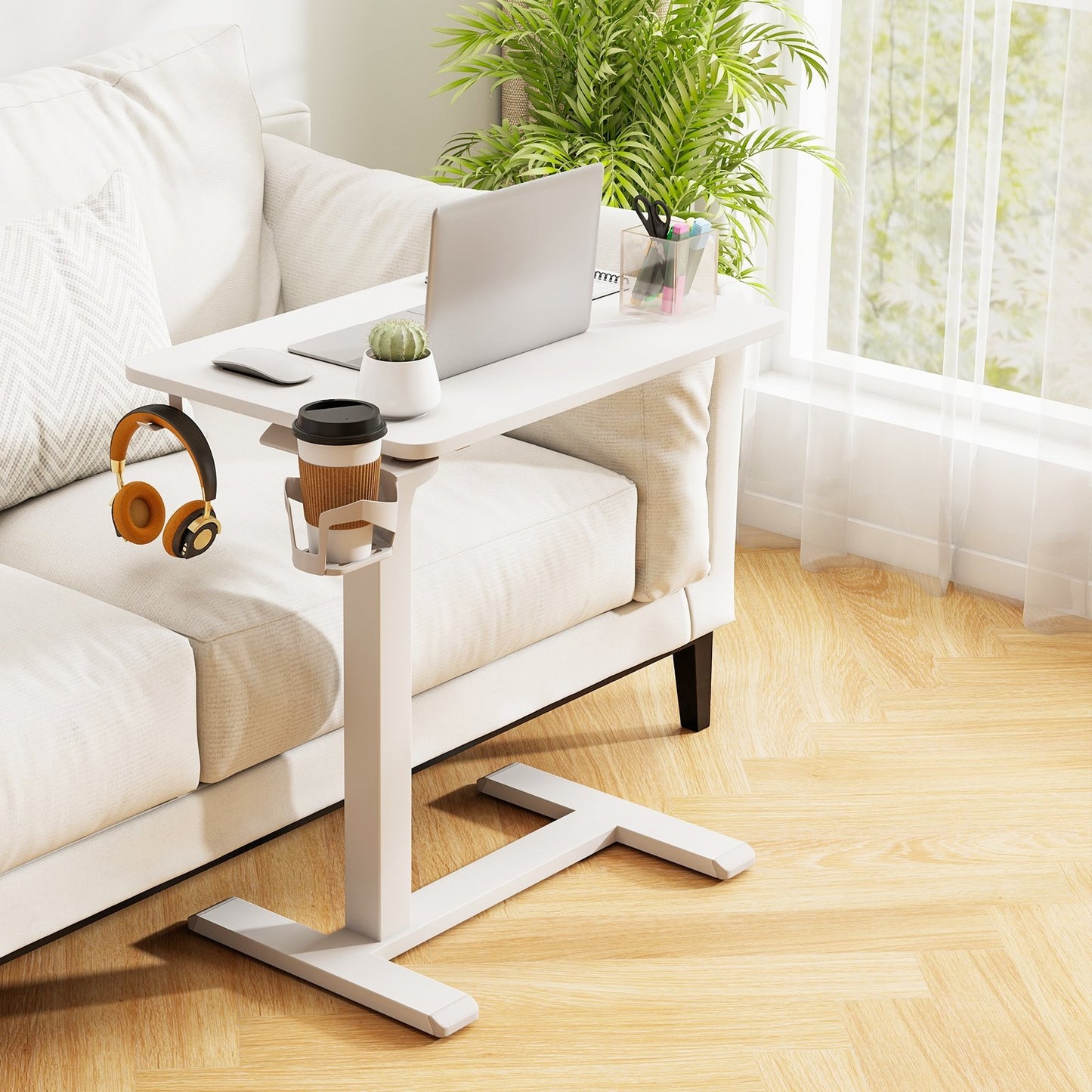 Mobile Standing Desk Height Adjustable Overbed Bedside Table with Cup Holder-Black