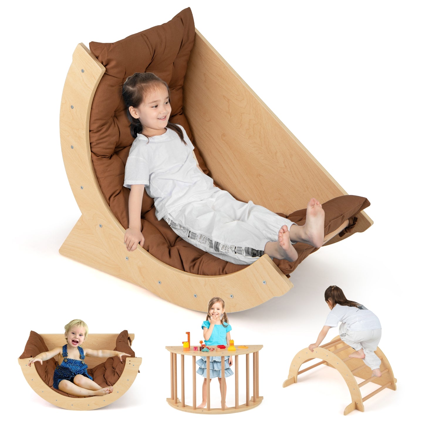 Kids Climbing Arch with Cushion Montessori Arch Climber/Rocker for Toddlers-Beige
