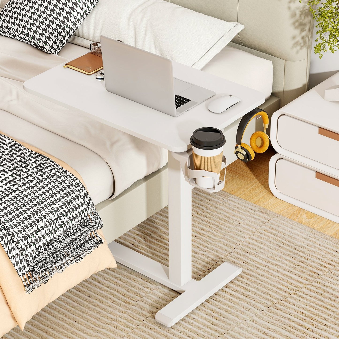 Mobile Standing Desk Height Adjustable Overbed Bedside Table with Cup Holder-Black