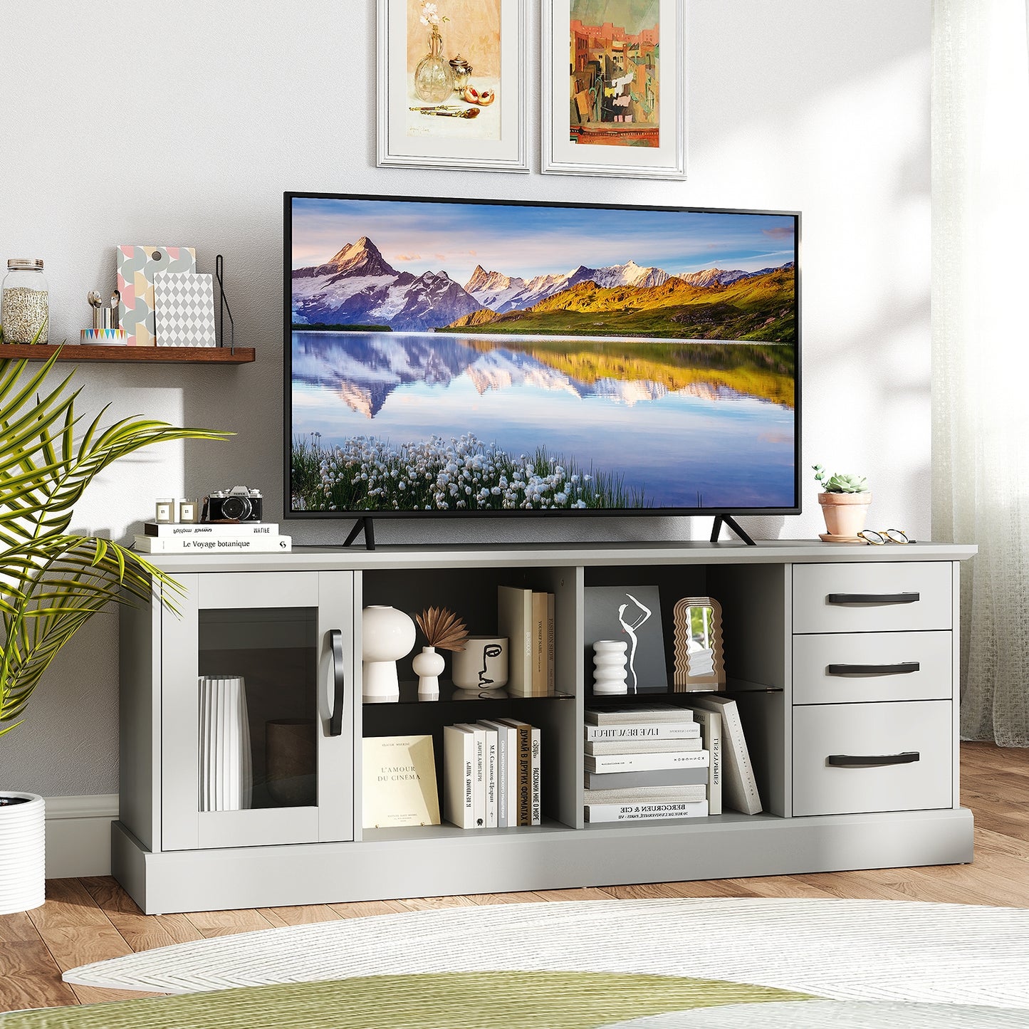 63 Inches Media Console Table with 3 Drawers and 2 Glass Shelves-Black