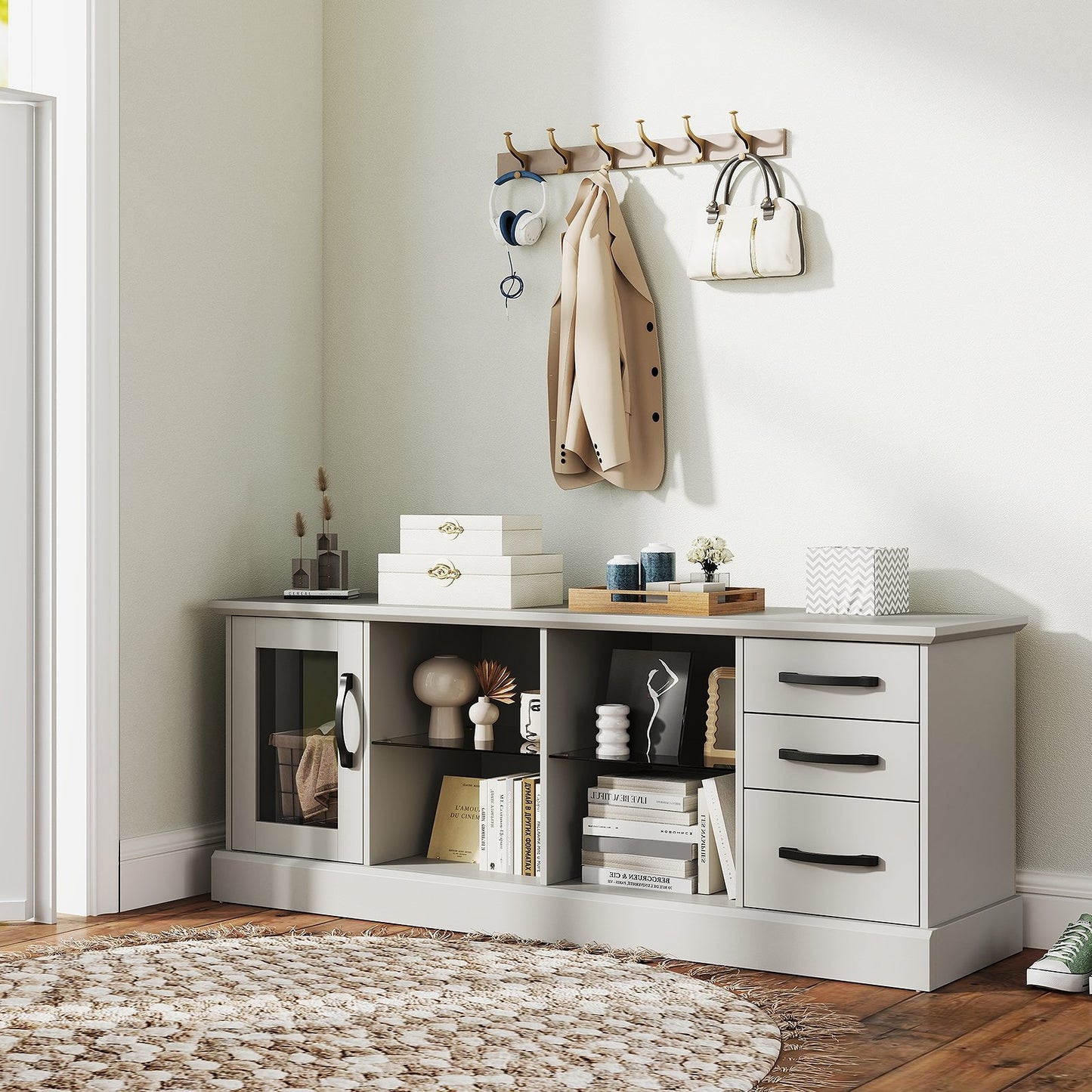 63 Inches Media Console Table with 3 Drawers and 2 Glass Shelves-Black