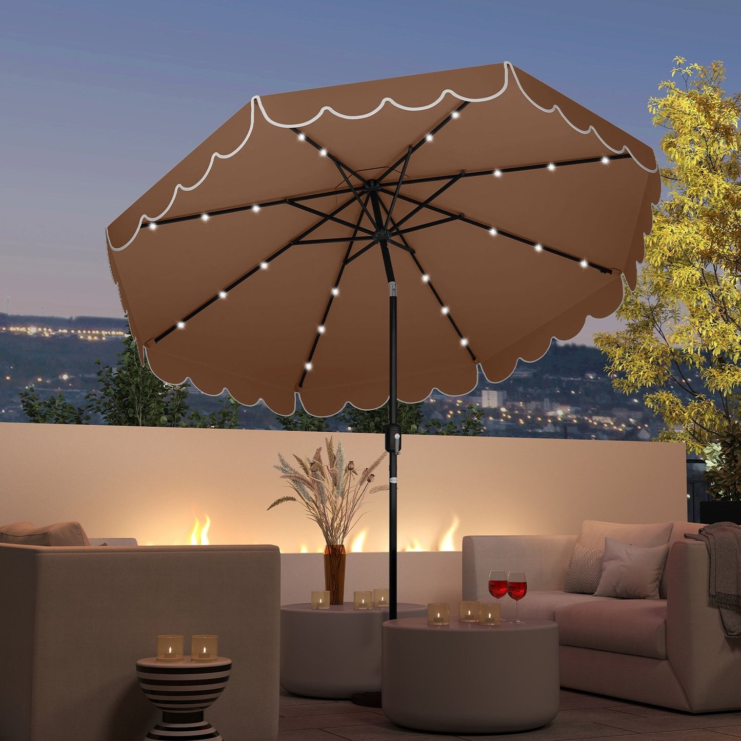 9.3 Feet Solar Patio Umbrella with 24 LED Lights Vented Top and Ruffles-Beige