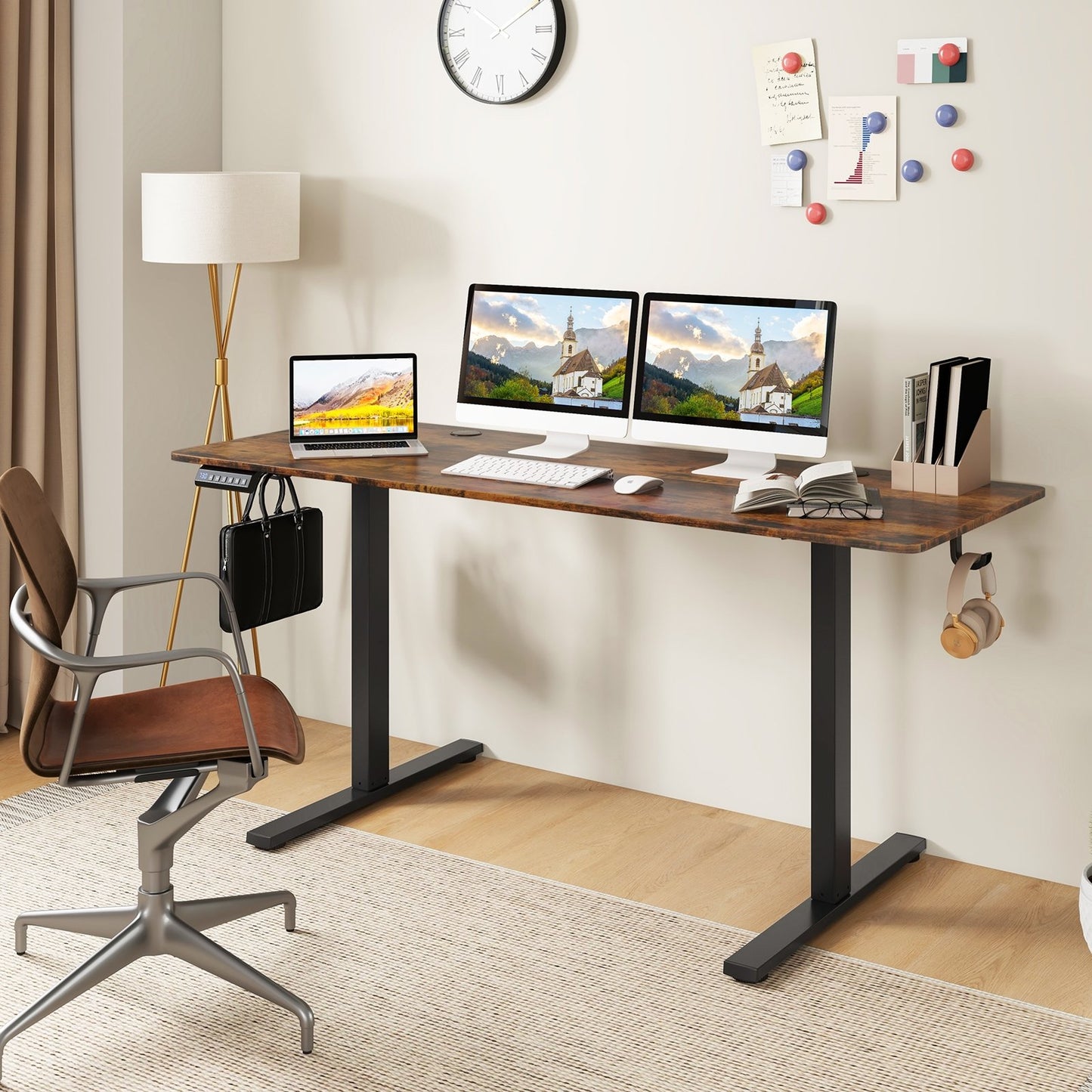 Electric Standing Desk with 3 Memory Heights and 2 Hanging Hooks and Cable Holes-Natural