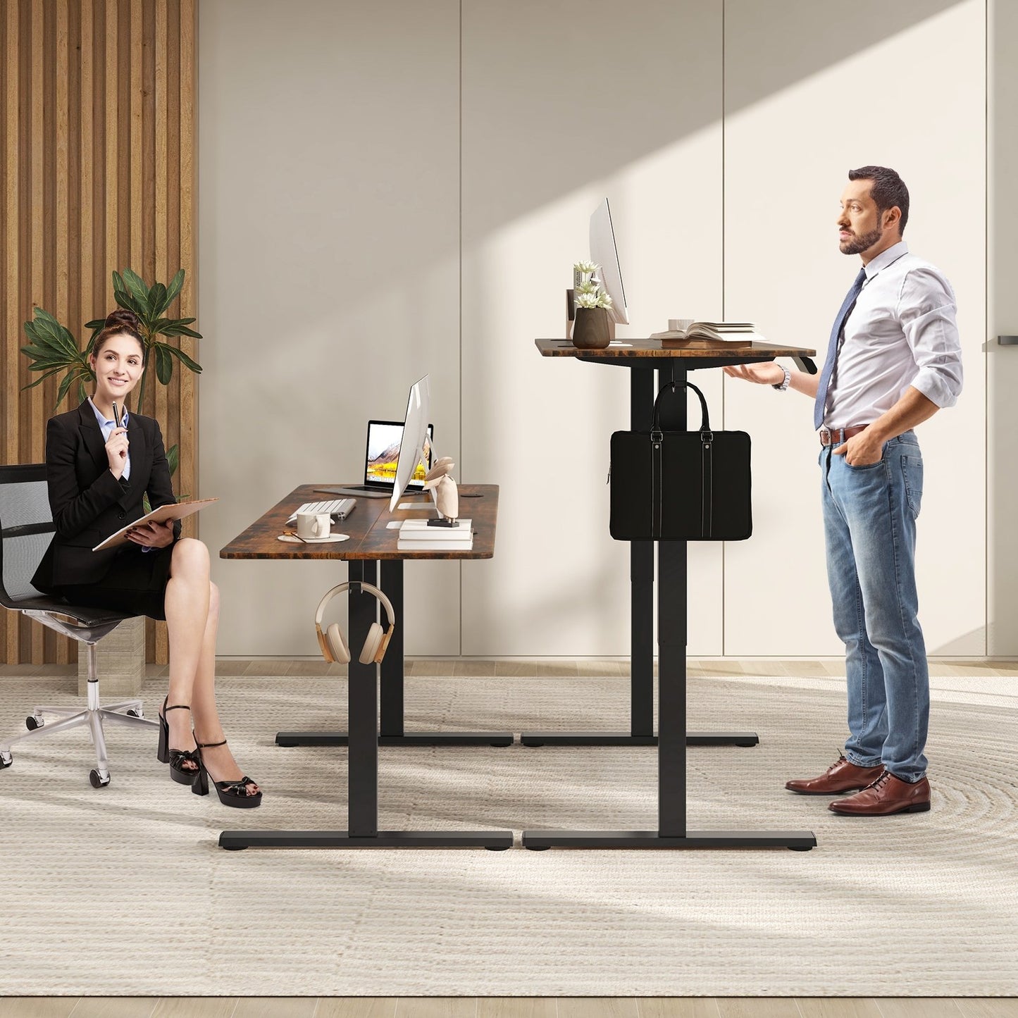 Electric Standing Desk with 3 Memory Heights and 2 Hanging Hooks and Cable Holes-Natural