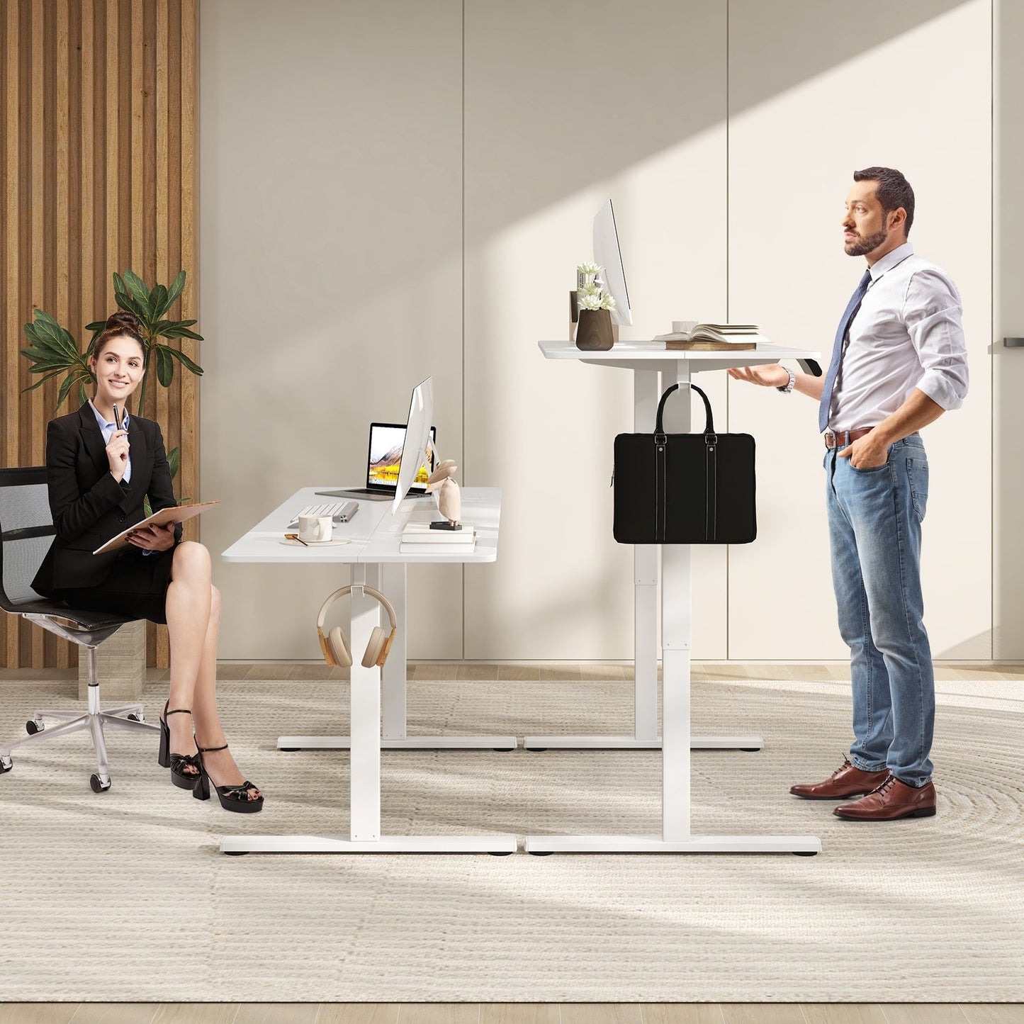 Electric Standing Desk with 3 Memory Heights and 2 Hanging Hooks and Cable Holes-Natural