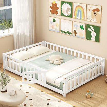 Montessori Bed Frame with Full-length Guardrails Safety Door and Latch-Gray