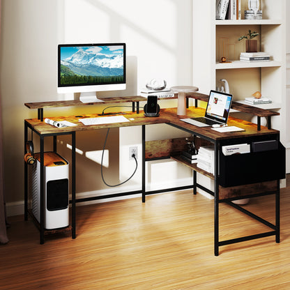 L-Shaped Gaming Desk with LED Lights and Power Outlets Home Office Computer Desk-Black
