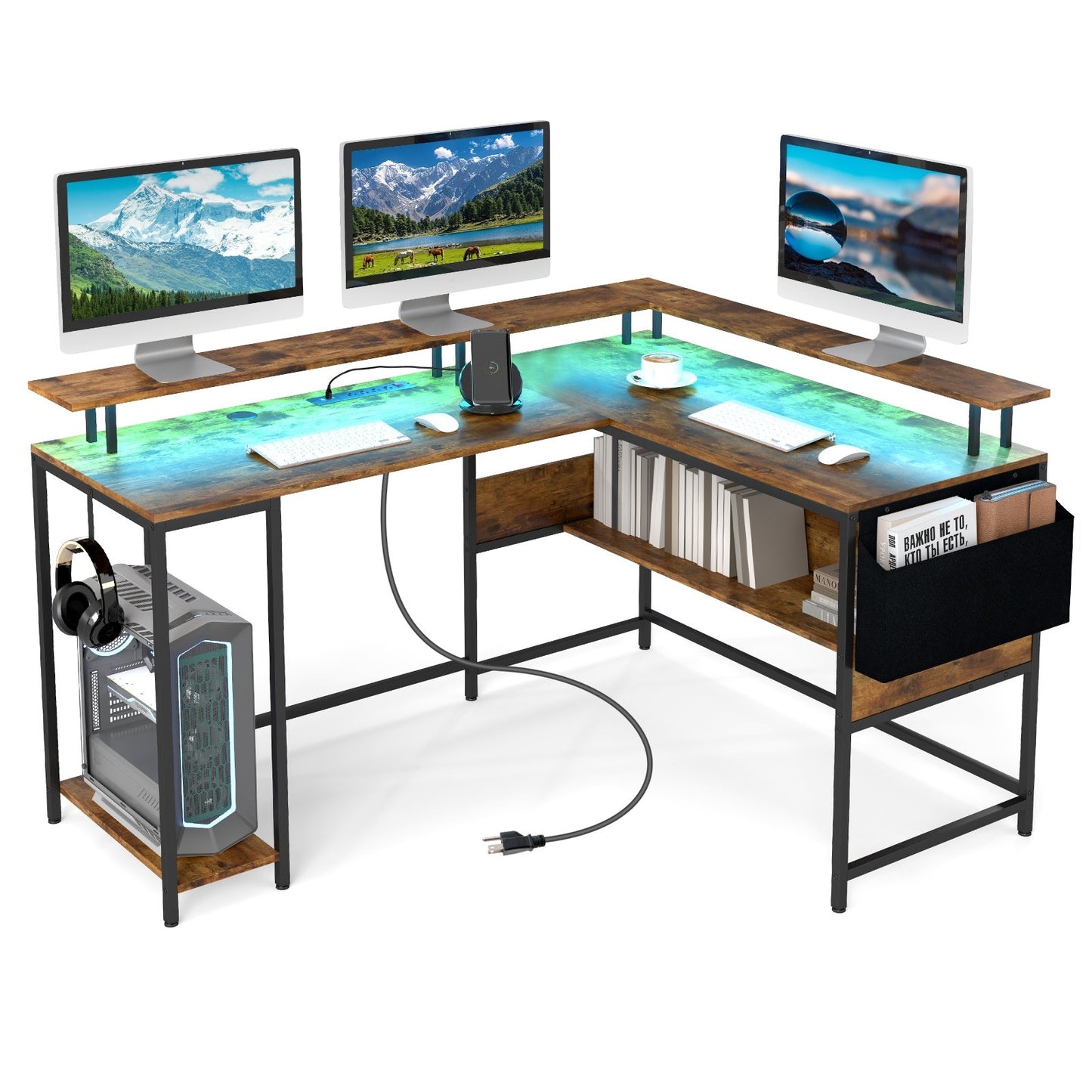 L-Shaped Gaming Desk with LED Lights and Power Outlets Home Office Computer Desk-Black