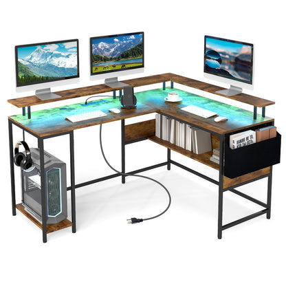 L-Shaped Gaming Desk with LED Lights and Power Outlets Home Office Computer Desk-Black