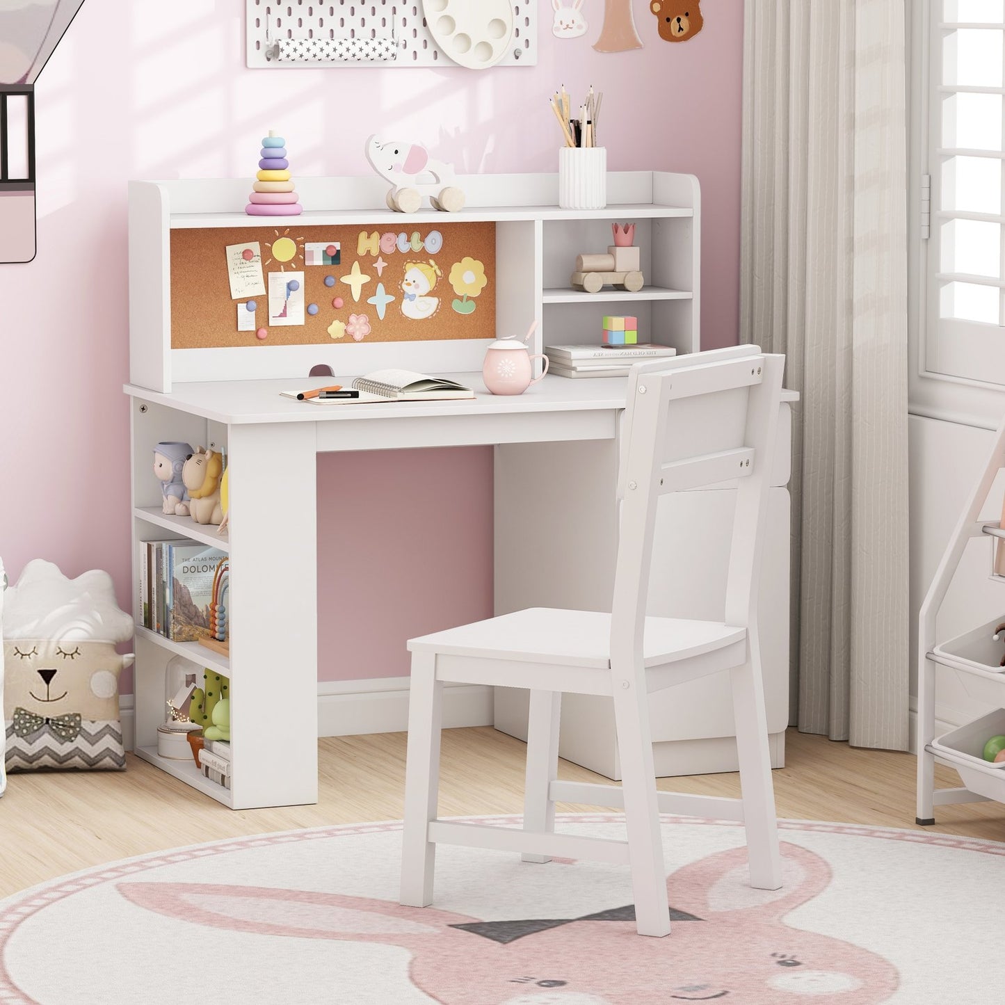 Kids Desk and Chair Set with Hutch and 3-Layer Side Shelf-Pink