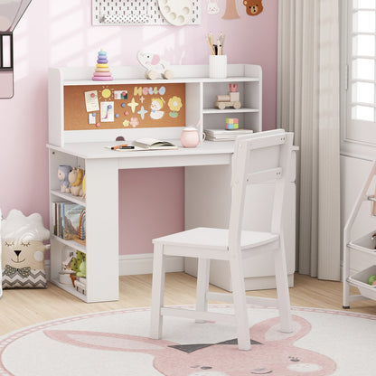 Kids Desk and Chair Set with Hutch and 3-Layer Side Shelf-Pink