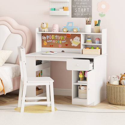 Kids Desk and Chair Set with Hutch and 3-Layer Side Shelf-Pink
