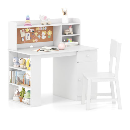Kids Desk and Chair Set with Hutch and 3-Layer Side Shelf-Pink
