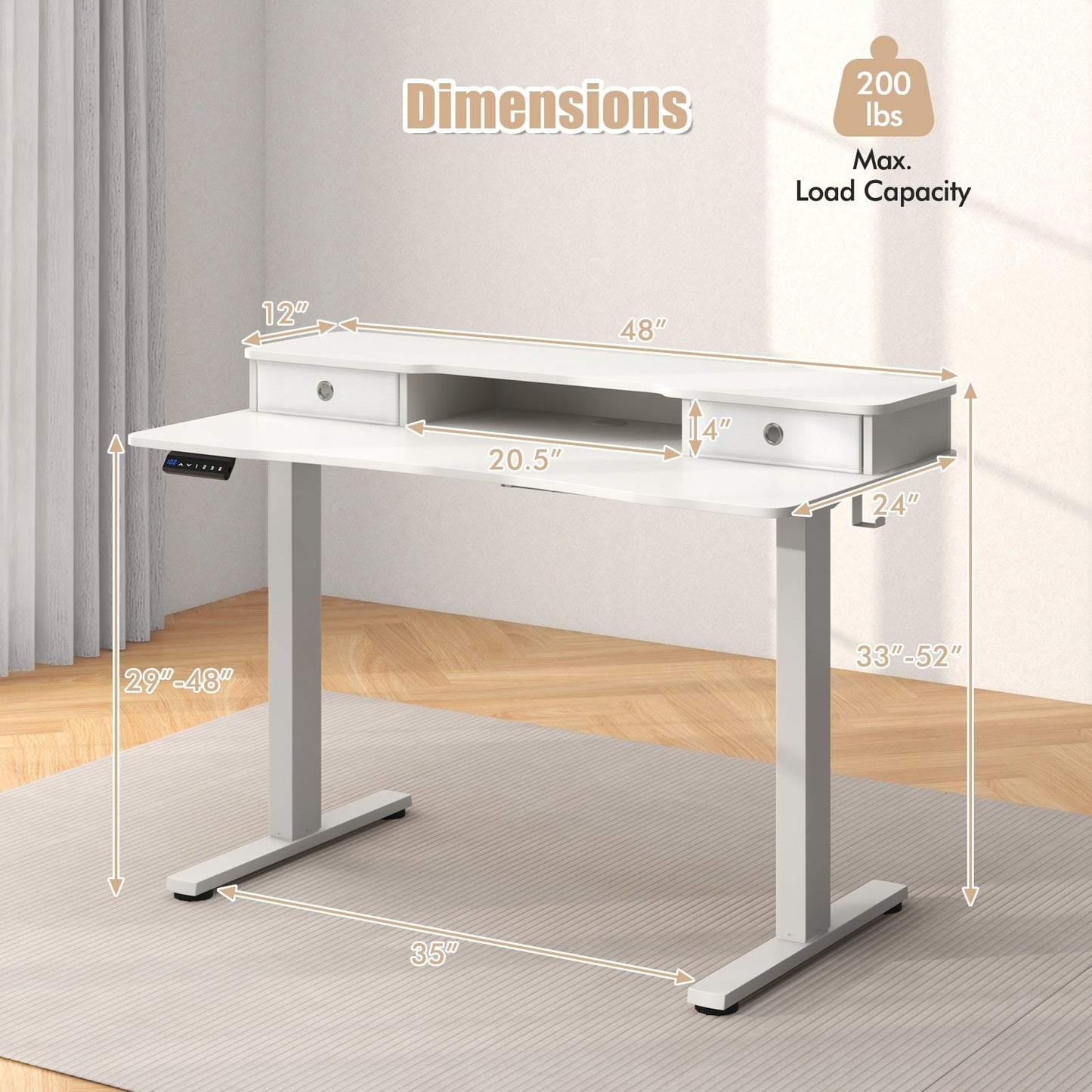 48 Inch x 24 Inch Height Adjustable Electric Standing Desk with 2 Drawers-Black
