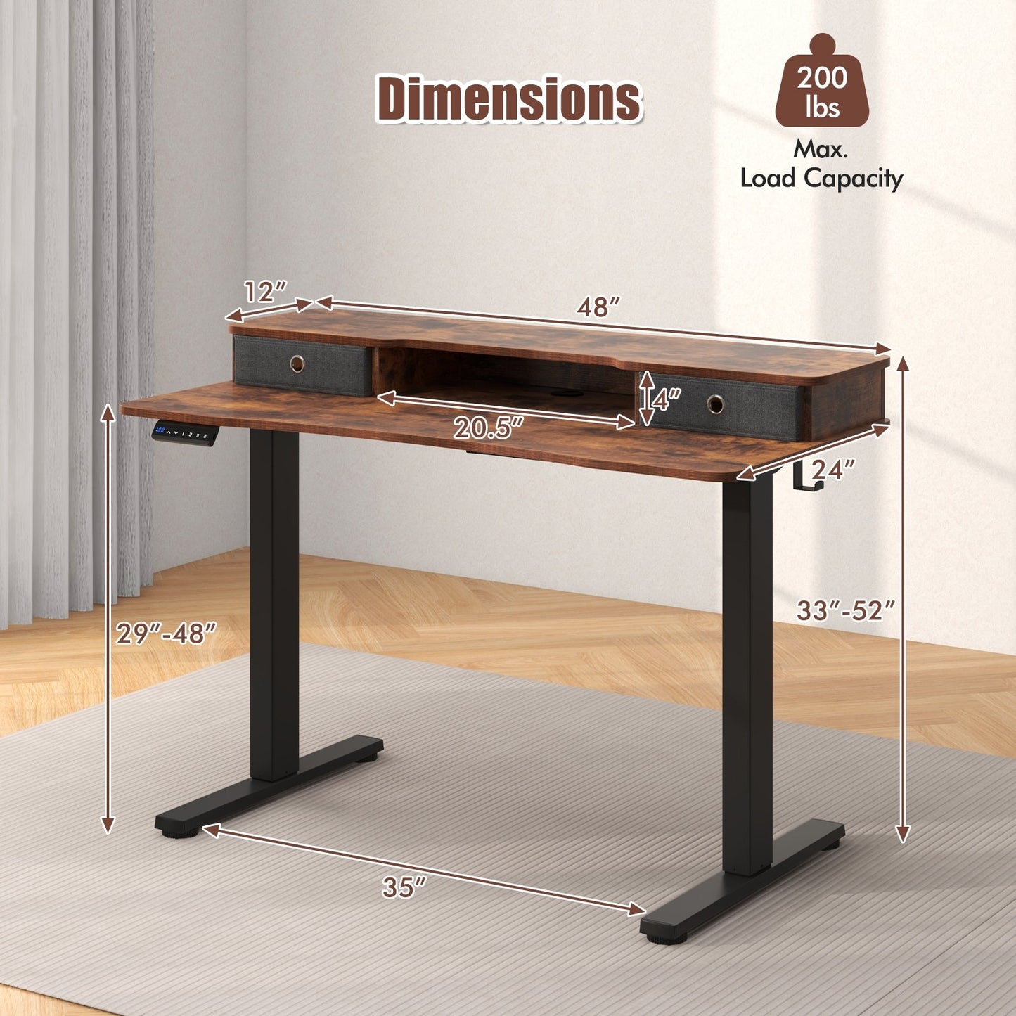 48 Inch x 24 Inch Height Adjustable Electric Standing Desk with 2 Drawers-Black
