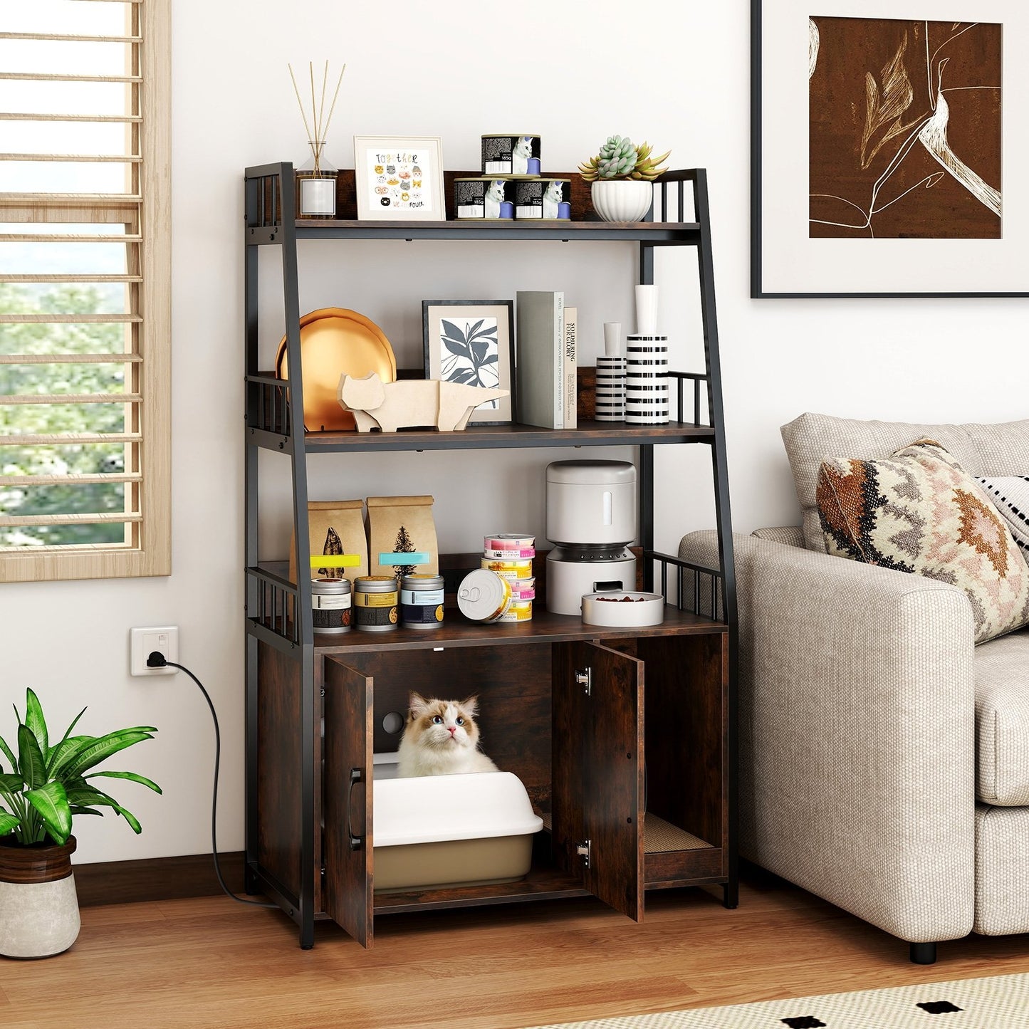 Cat Litter Box Enclosure with Storage Shelves and Scratching Pad-Rustic Brown