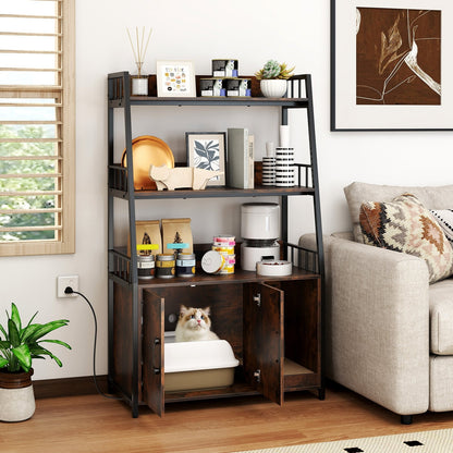 Cat Litter Box Enclosure with Storage Shelves and Scratching Pad-Rustic Brown