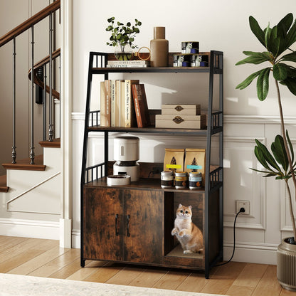 Cat Litter Box Enclosure with Storage Shelves and Scratching Pad-Rustic Brown