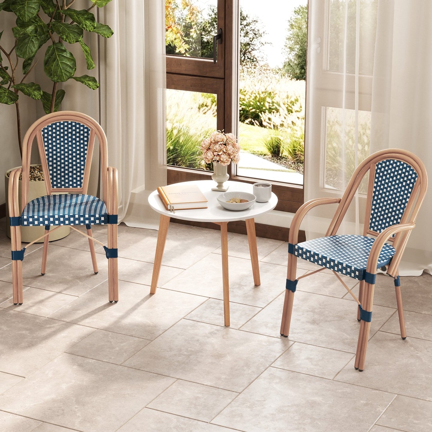 Hand-Woven PE Wicker Outdoor French Bistro Chairs Set of 2-Black