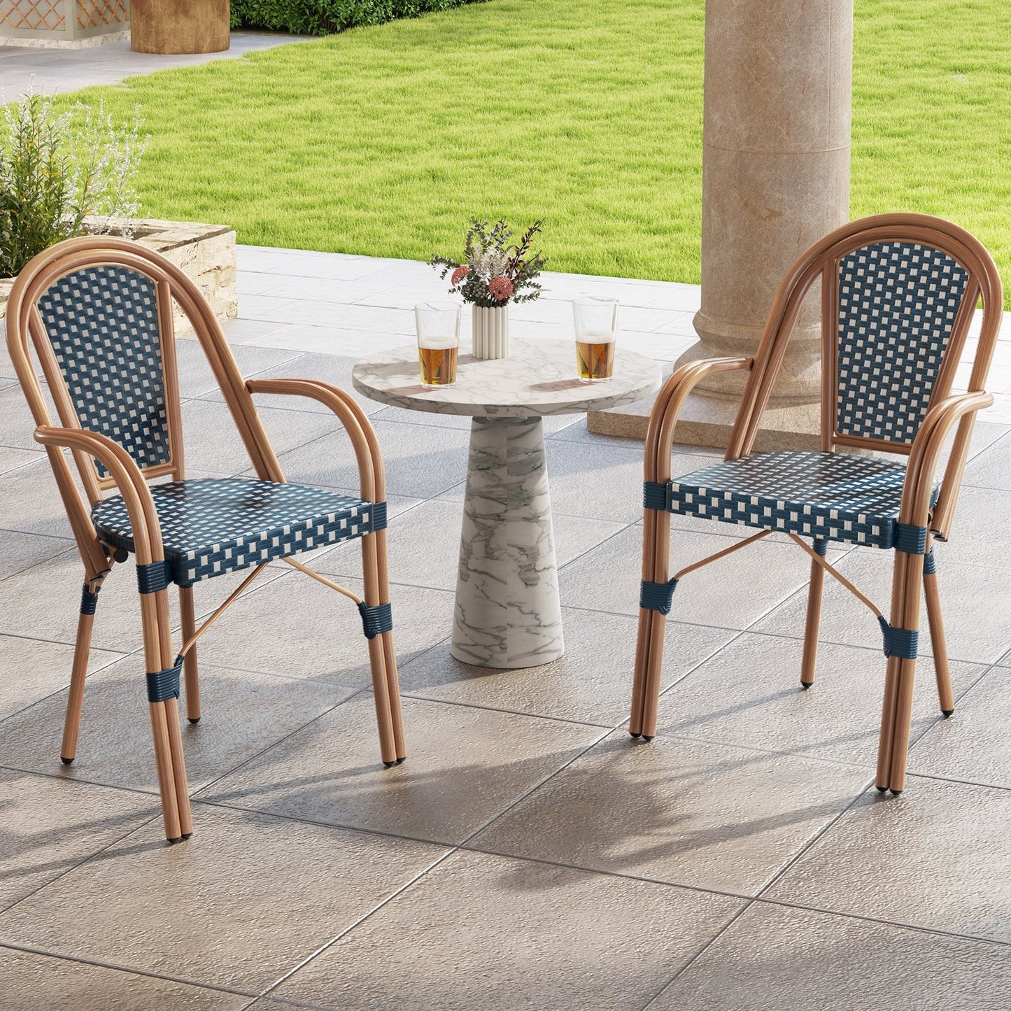 Hand-Woven PE Wicker Outdoor French Bistro Chairs Set of 2-Black