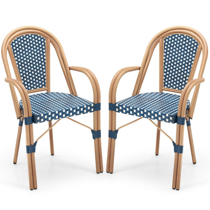 Hand-Woven PE Wicker Outdoor French Bistro Chairs Set of 2-Black
