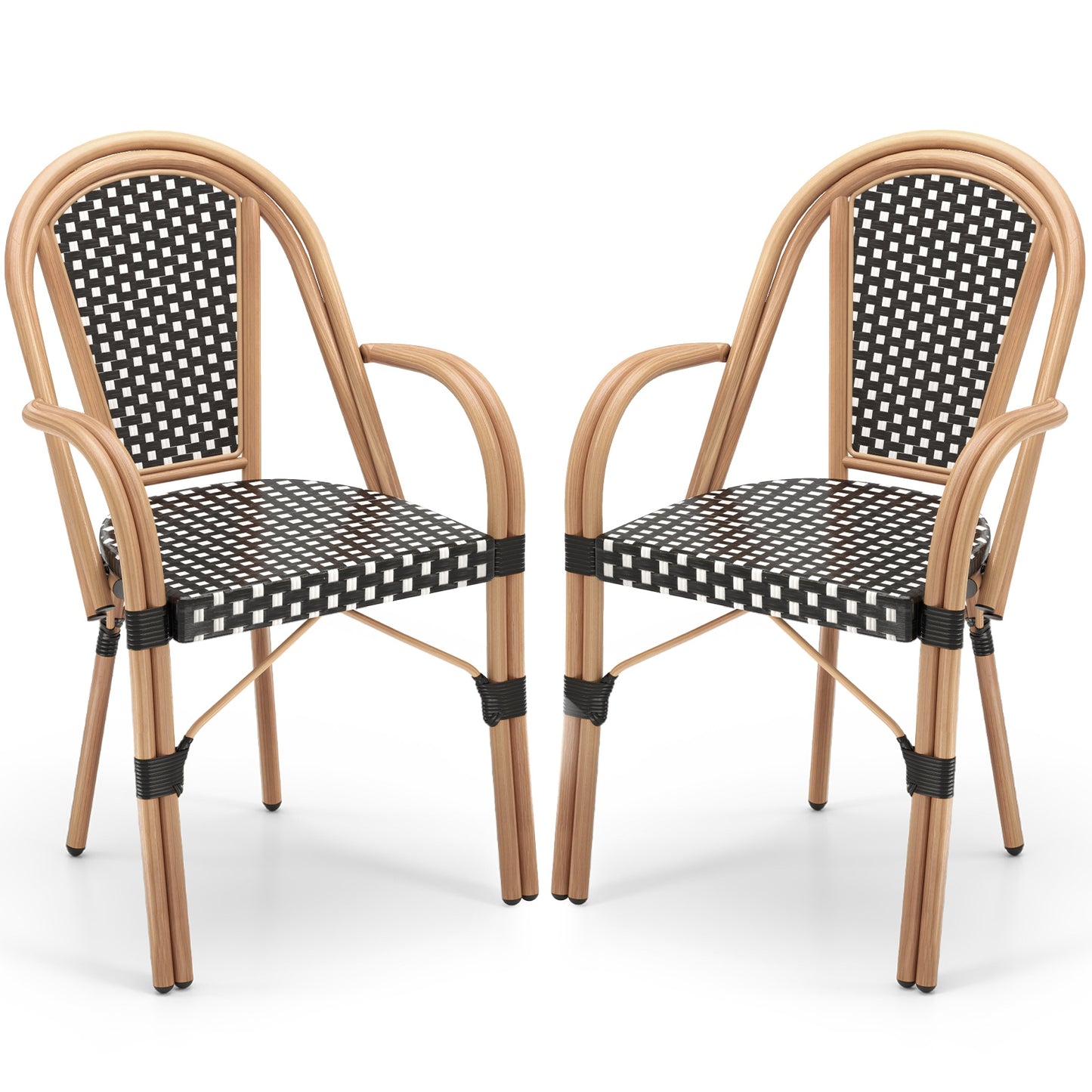 Hand-Woven PE Wicker Outdoor French Bistro Chairs Set of 2-Black